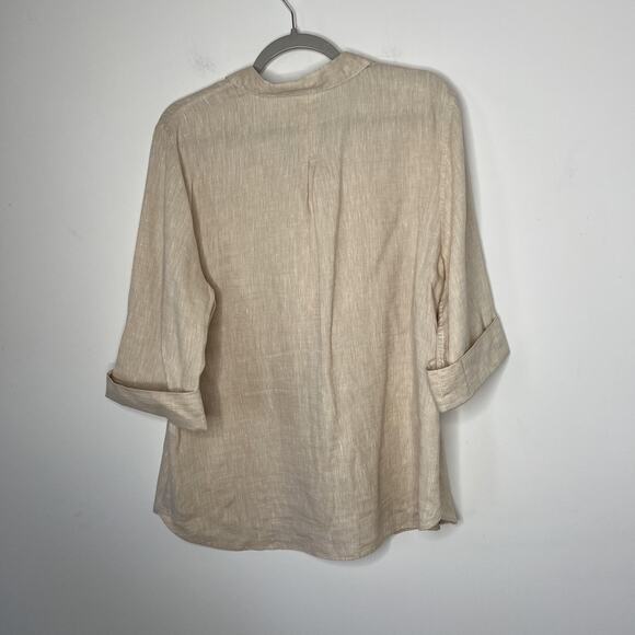 Chico's Shirt Womens 16 3 Beige 100% Linen No Iron Button Front 3/4 Sleeve - Picture 2 of 8